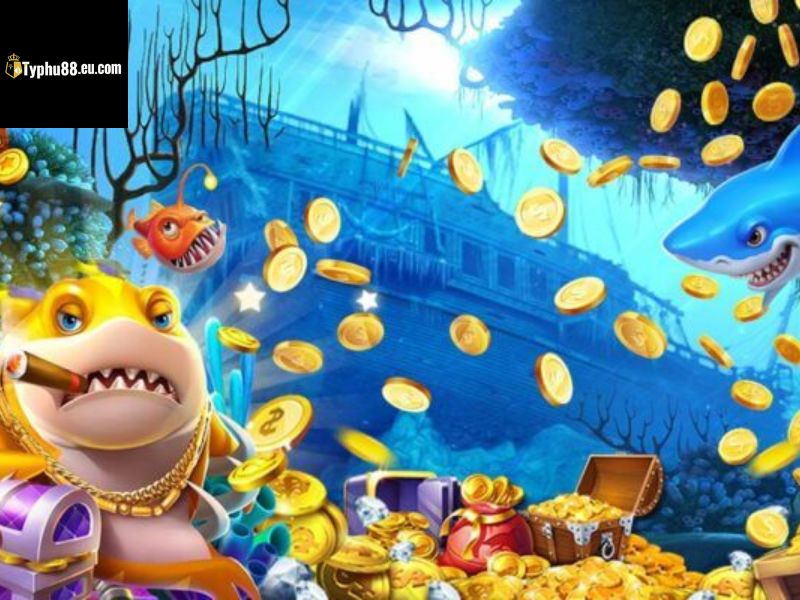 Game bắn cá Typhu88 với cá hoạt hình, xu và rương kho báu dưới nước.