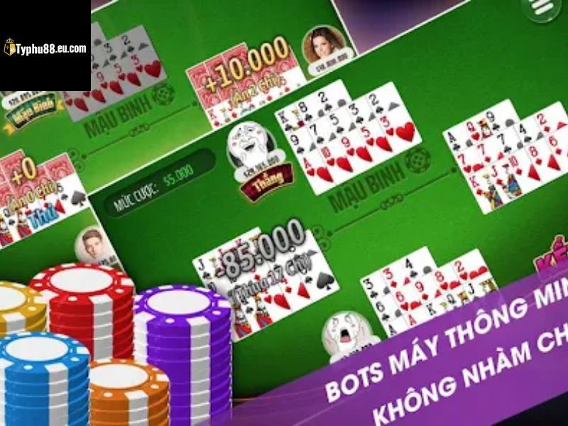 Mậu Binh TYPHU88 với các nhóm bài, chip và mức cược trên giao diện.