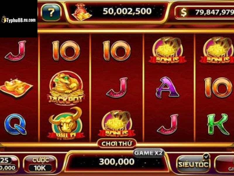 Trò nổ hũ TYPHU88 với các cuộn biểu tượng và ô Jackpot.