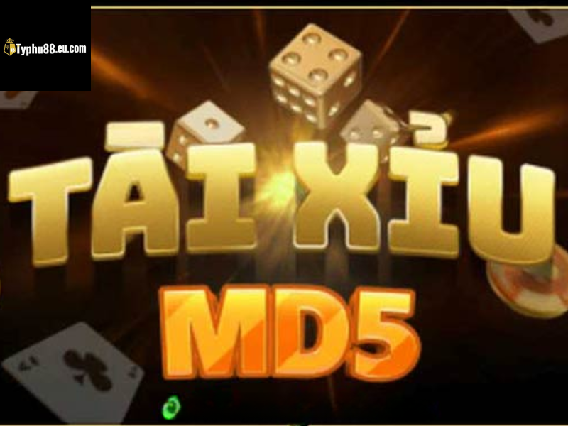 Tài Xỉu MD5 TYPHU88 với chữ tên trò chơi và các viên xúc xắc.